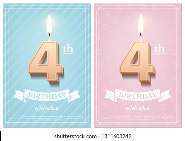 Burning number 4 birthday candle with vintage ribbon and birthday celebration text on textured blue and pink backgrounds in postcard format. Vector vertical fourth birthday invitation templates