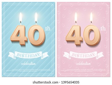 Burning number 40 birthday candles with vintage ribbon and birthday celebration text on textured blue and pink backgrounds in postcard format. Vector vertical fortieth birthday invitation templates