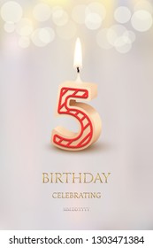 Burning number 5 birthday candle with birthday celebration text on light blurred background. Vector fifth birthday invitation template