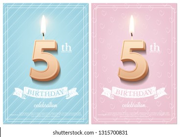 Burning number 5 birthday candle with vintage ribbon and birthday celebration text on textured blue and pink backgrounds in postcard format. Vector vertical fifth birthday invitation templates