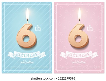 Burning number 6 birthday candle with vintage ribbon and birthday celebration text on textured blue and pink backgrounds in postcard format. Vector vertical sixth birthday invitation templates