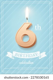 Burning number 6 birthday candle with vintage ribbon and birthday celebration text on textured blue background in postcard format. Vector vertical six birthday invitation template.