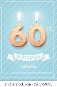 Burning number 60 birthday candle with vintage ribbon and birthday celebration text on textured blue background in postcard format. Vector vertical sixty birthday invitation template