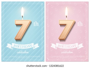 Burning number 7 birthday candle with vintage ribbon and birthday celebration text on textured blue and pink backgrounds in postcard format. Vector vertical seventh birthday invitation templates.