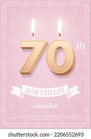 Burning number 70 birthday candle with vintage ribbon and birthday celebration text on textured pink background in postcard format. Vector vertical seventy birthday invitation template