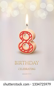 Burning number 8 birthday candle with birthday celebration text on light blurred background. Vector eighth birthday invitation template