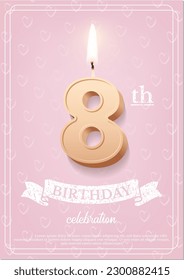 Burning number 8 birthday candle with vintage ribbon and birthday celebration text on textured pink background in postcard format. Vector vertical eight birthday invitation template.