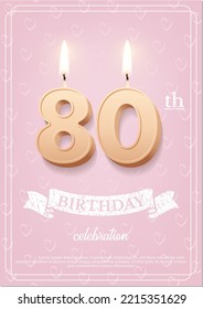 Burning number 80 birthday candle with vintage ribbon and birthday celebration text on textured pink background in postcard format. Vector vertical eighty birthday invitation template