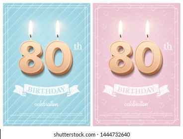 Burning number 80 birthday candles with vintage ribbon and birthday celebration text on textured blue and pink backgrounds in postcard format. Vector vertical eightieth birthday invitation templates