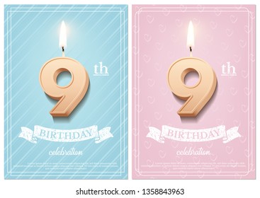 Burning number 9 birthday candle with vintage ribbon and birthday celebration text on textured blue and pink backgrounds in postcard format. Vector vertical ninth birthday invitation templates