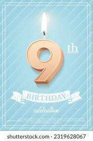 Burning number 9 birthday candle with vintage ribbon and birthday celebration text on textured blue background in postcard format. Vector vertical ninth birthday invitation template.