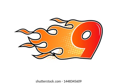 Burning number isolated on white background. Flame shape colored alphabet in flat style. Vector illustration.