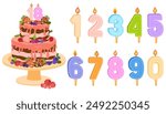 Burning number shaped candles for celebration. Birthday chocolate cake for anniversary and candles for each year. Flat vector illustration on light background