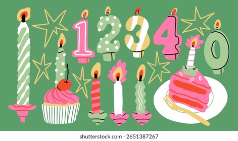 Queimando número em forma Velas, velas espirais, bolo, cupcake, estrelas. Ilustração Vetor moderna desenhada à mão. Elementos de design isolados. Celebração de aniversário, festa, conceito de aniversário