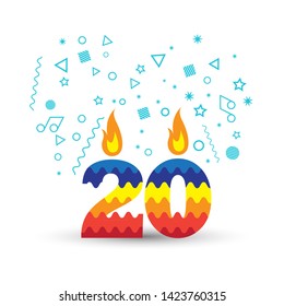 Burning number20 birthday candles with colors of the rainbow