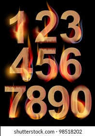 Burning numbers from 0 to 9 over dark,vector illustration