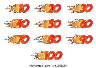 Burning numbers set 10 - 100. Flame flat style numerals isolated on white background. Vector illustration.
