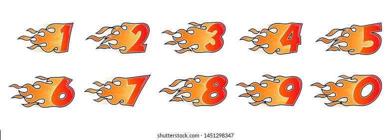 Burning numbers set. Flame flat style numerals isolated on white background. Vector illustration.