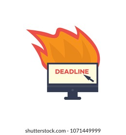 Burning office computer monitor with deadline inscription. Desktop screen on fire, time management, overwork concept. Vector flat illustration isolated icon,