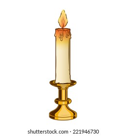 Burning old candle and vintage brass candlestick isolated on a white background. Color line art. Retro design. Vector illustration.