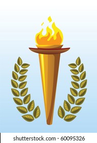 Burning Olympic torch and olive wreath