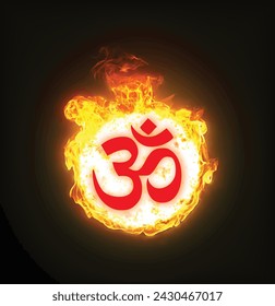 Burning Om sign emerging from a fireball at the creation of the universe, as per Hindu belief. (Not AI - created in the usual graphic design apps.)