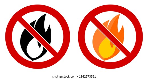 Burning open fire prohibited sign. Flame symbol in red crossed circle.