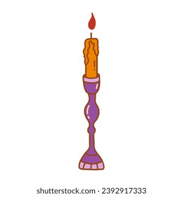 Burning orange candle in antique purple candlestick. Colorful vector isolated illustration hand drawn doodle. Winter holiday season. Lighting element icon clip art