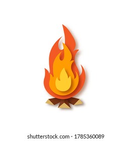 Burning orange, red, yellow bonfire with wood on white background. Campfire, fireplace, flames. Paper cut out art digital craft style. Vector illustration