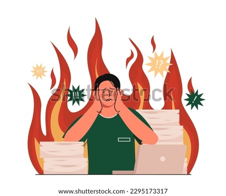 Burning out at work. Man stands and holds his head with his hands against background of documents in flame. Tired and overworked worker. Deadline pressure concept. Cartoon flat vector illustration