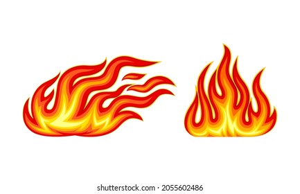 Burning outdoor bonfires set. Bright red and orange fire flames vector illustration