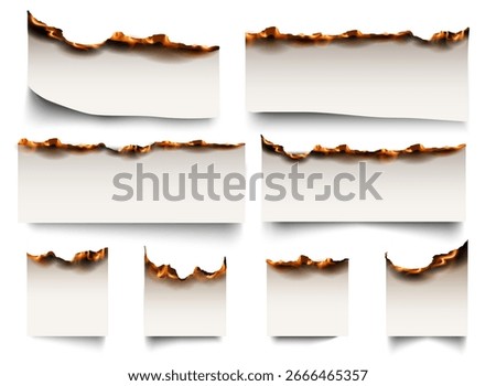 Burning page paper edges, burnt paper sheets. Realistic parchment burnt effect with ash. Vector set of torn and scorched paper texture