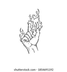 A burning palm. Can be used as a sketch of a tattoo.