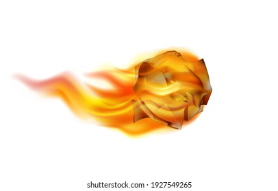 Burning paper ball, crumpled document, flying fireball, vector icon.