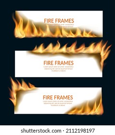 Burning paper banners with fire flames, vector horizontal pages, conflagrant cards template for advertising, Realistic 3d flaming frames. Isolated white burning smoldering paper blazing sheets set