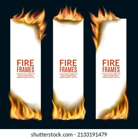 Burning paper banners with fire flames, burnt edges and corners, hot blaze flares and fire tongues. Flaming paper pages, parchment scrolls or sheets realistic 3d vector of sale promotion
