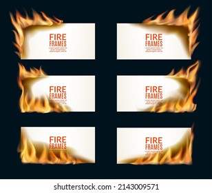 Burning paper banners with fire flames. Vector paper sheets on fire, burnt parchments or blank pages with flaming frame borders of burning edges and corners, realistic 3d flares and glowing tongues