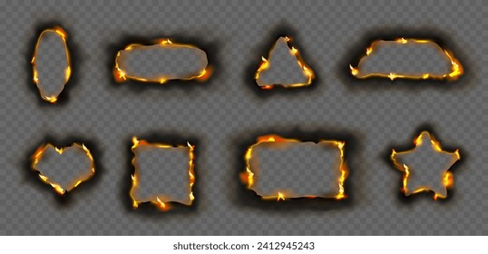 Burning paper borders with fire, isolated geometric shapes with flame sheet. Vector ripped frames with torn pieces. Geometry triangle and rectangle, circle and oval, star and heart form