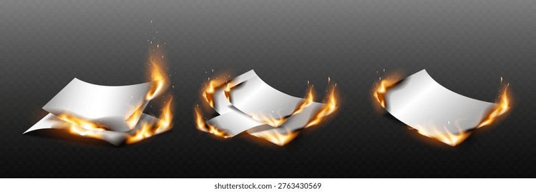 Burning paper documents creating vibrant flame effects and sparks on a transparent background