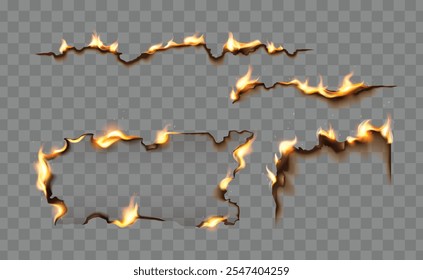 Burning paper edge frames set isolated on transparent background. Vector realistic illustration of fire damaging ancient document, smoldering letter, destroyed antique parchment, sparks and smoke