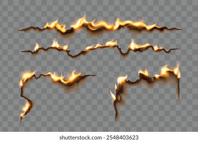 Queimando bordas de papel com chamas brilhantes e bordas escuras queimadas no plano de fundo transparente. Padrões 3d curvos realistas com diferentes estágios de combustão com línguas de fogo laranja e amarela.