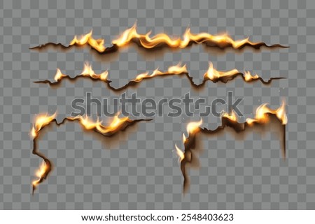 Burning paper edges with glowing flames and dark scorched borders on transparent background. Realistic 3d curved patterns with different stages of combustion with orange and yellow fire tongues.