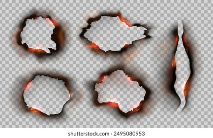Burning paper edges isolated on transparent background. 3D realistic burnt effect wholes with flame and ash.