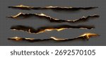 Burning paper edges set isolated on transparent background. Vector realistic illustration of fire smoldering on scorched sheets, damaged charred pages with glowing flame and black ash, overlay effect