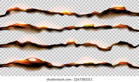 Burning paper frame, hot fire. Smouldering parchment edges, uneven black broken sheets, burnt flame. Scrapbook grunge texture. Vector realistic elements isolated on transparent background