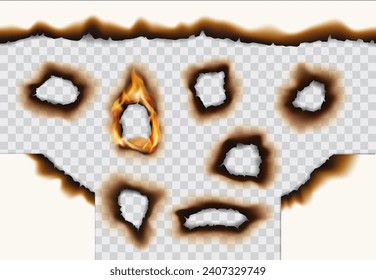 Burning paper with holes, fire flames and burnt edges, realistic vector texture. Burning paper holes effect of scorched page parchment with flaming sheet frame borders on transparent background