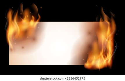 Burning paper note. Blank realistic fire mockup