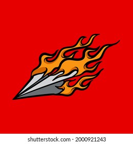 Burning paper plane concept. Cartoon illustration of a flying paper plane with burning wings. Vector isolated on red background