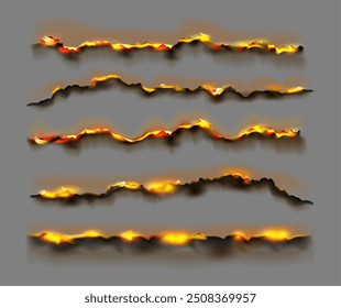 Burning paper, realistic charred pieces. Vector dirt and grunge of parchment. Scorched black edges of page. Sheets of cellulose fibers in flame. Smoldering damage ash. Rough torn borders with fire