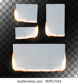 Burning paper set. Sheet of paper in flame on transparent background. Rectangular and square shapes. Vector illustration.